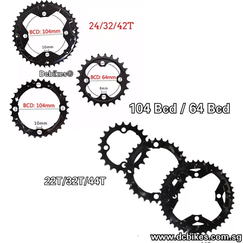 22T | 32T | 42T – 44T Triple Crank 104bcd/64 Bcd Chain Ring Replacements 24T/32T/42T