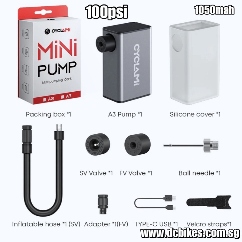 100psi Cyclami A3 1050mah Super Mini Powerful Presta Schrader Pocket Size Portable Rechargeable Type C Electric Air Pump 128g