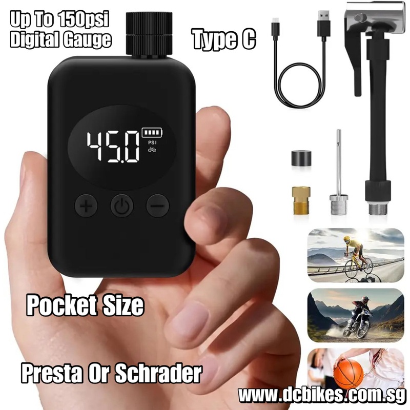 150psi Dcbikes Super Mini Digital Powerful Presta Schrader Pocket Size Portable 500mah Rechargeable Battery Type C Electric Air Pump 144g