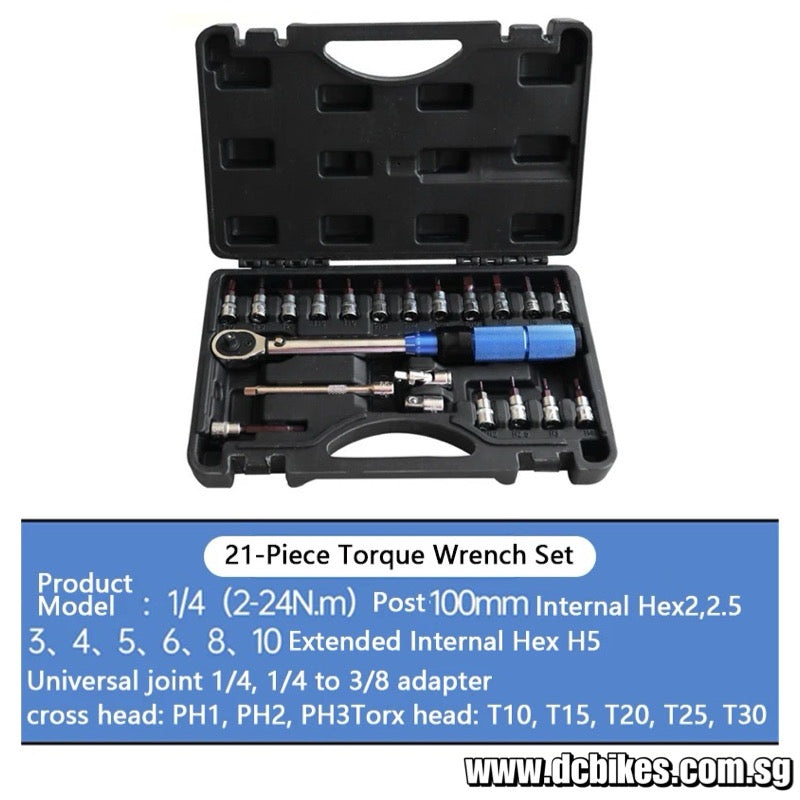 21 in 1 Professional 2nm-24nm Torque Wrench + Allen | Star Key Hex Tool Socket Bits Set Kit Box 1/4″